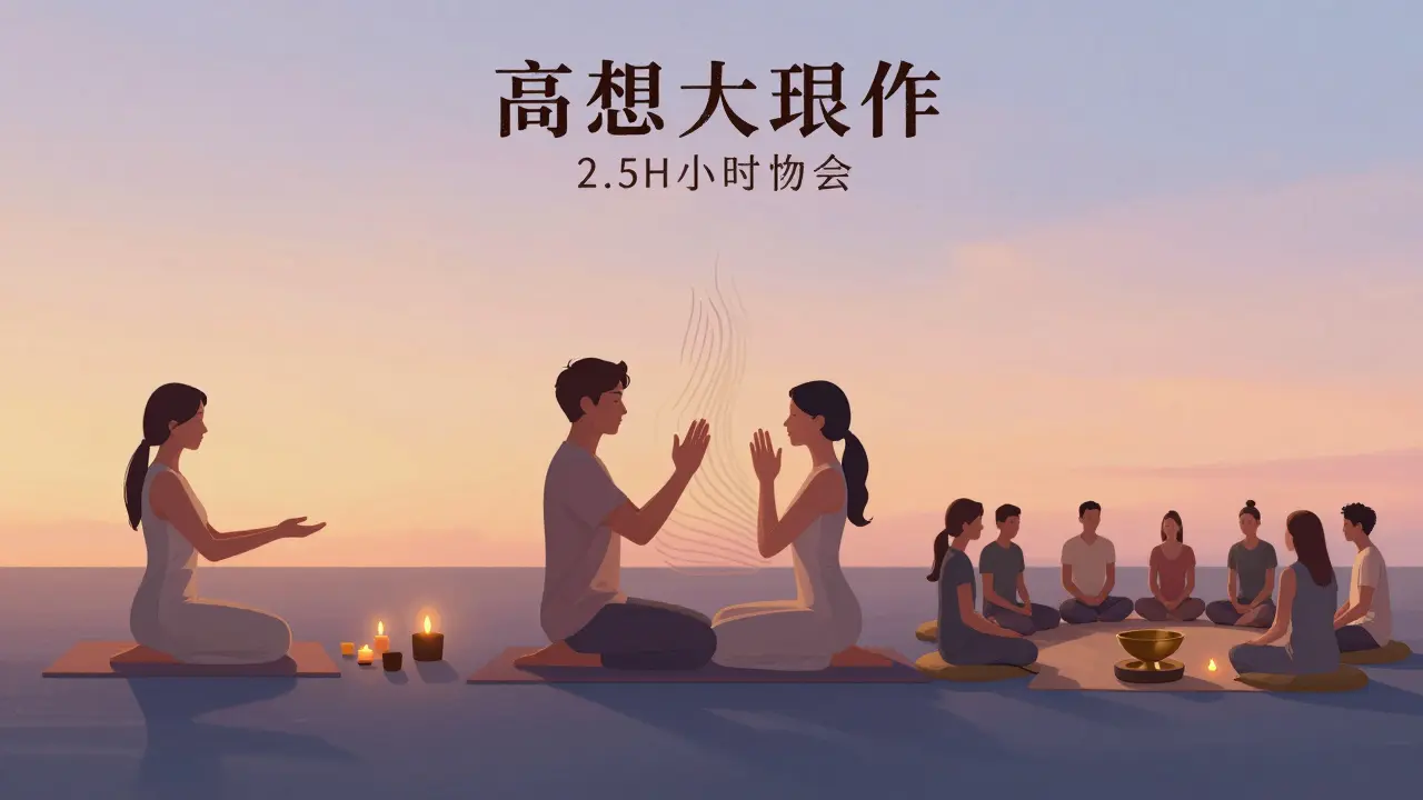 Three-stage visual journey of tantric massage: basic session, couple workshop, and advanced group practice with energy flow elements.