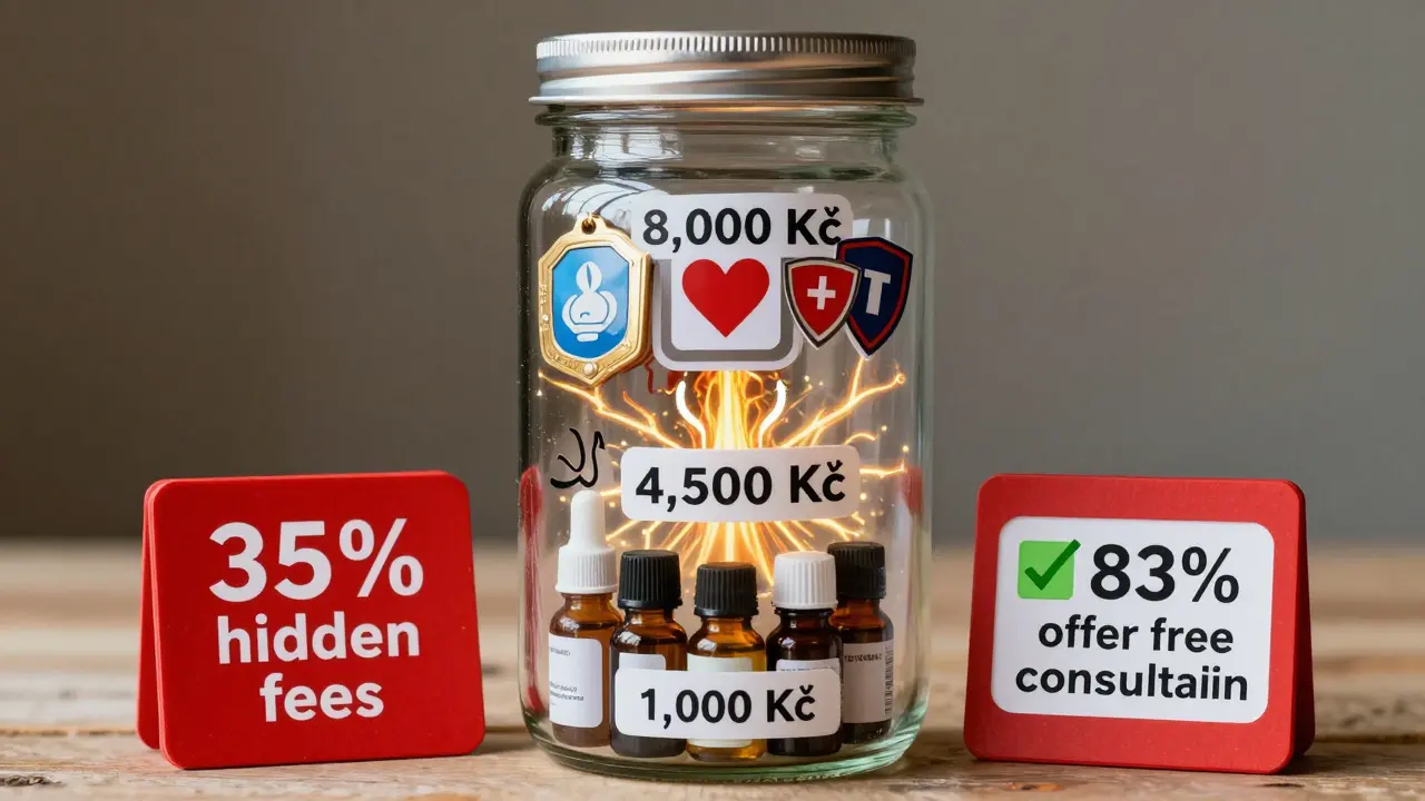 Transparent jar with layered pricing and features of tantric courses, showing hidden fees versus transparent, certified offerings.