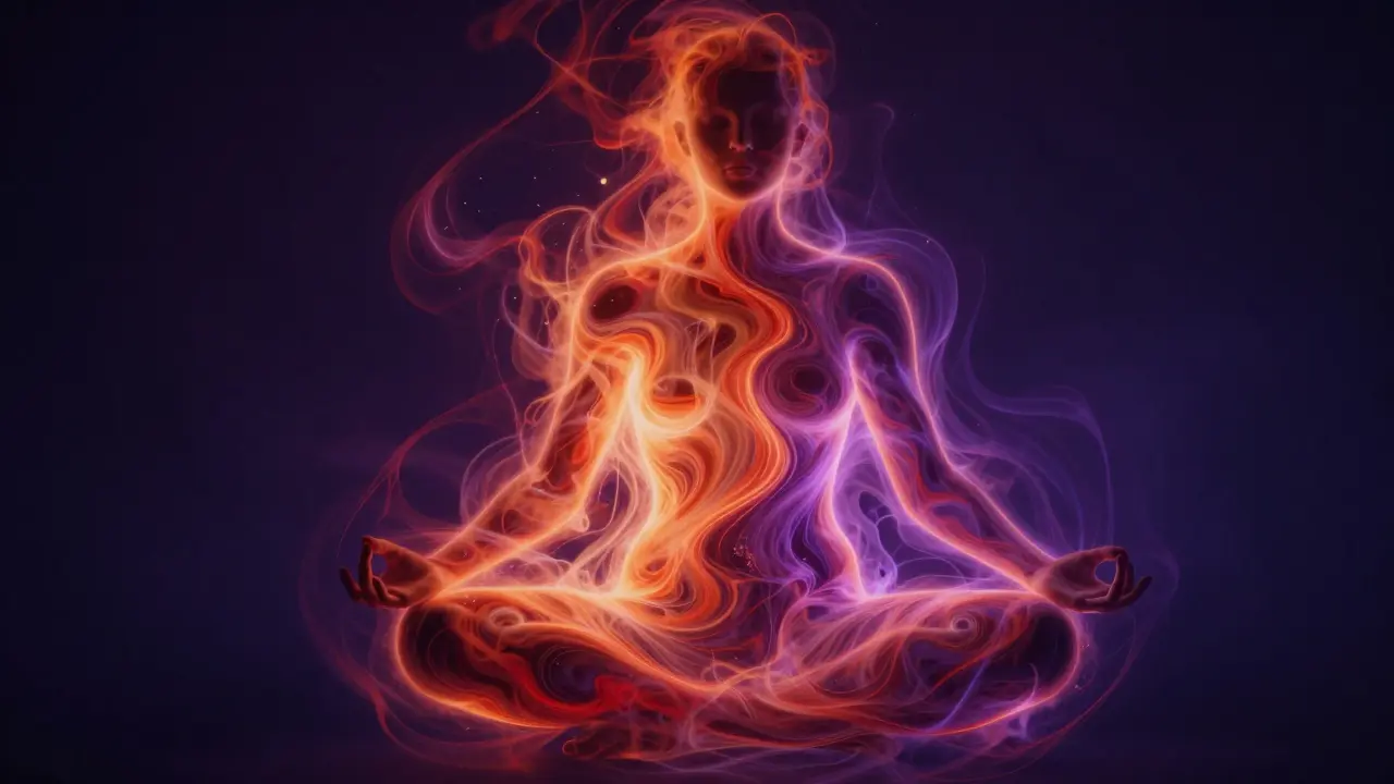 Abstraktní zobrazení energetického proudění a uvolňování emočních bloků v lidském těle.