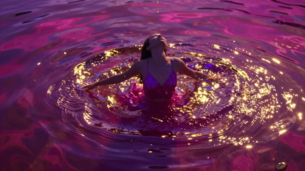 Abstraktní zobrazení vln rozkoše a energie v podobě barevných kružnic.