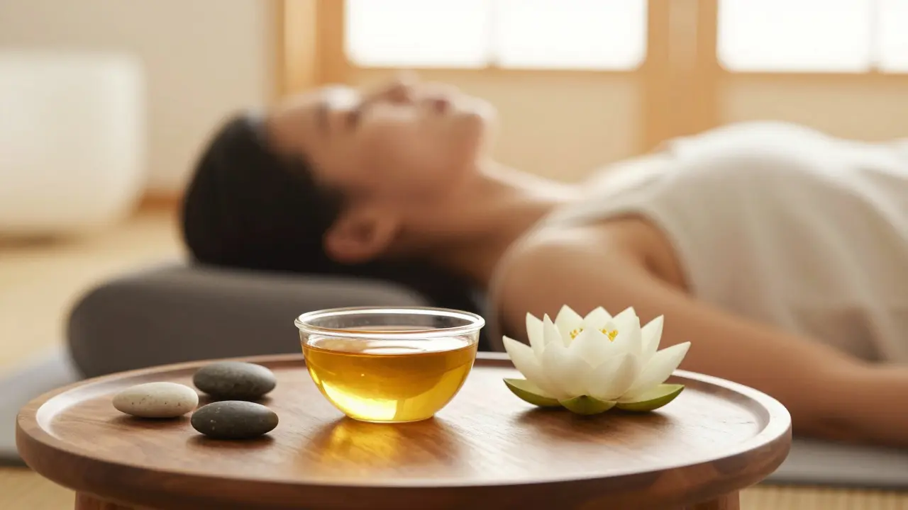 Detail aromatického oleje a lotosu v uklidňujícím prostředí tantrického studia.