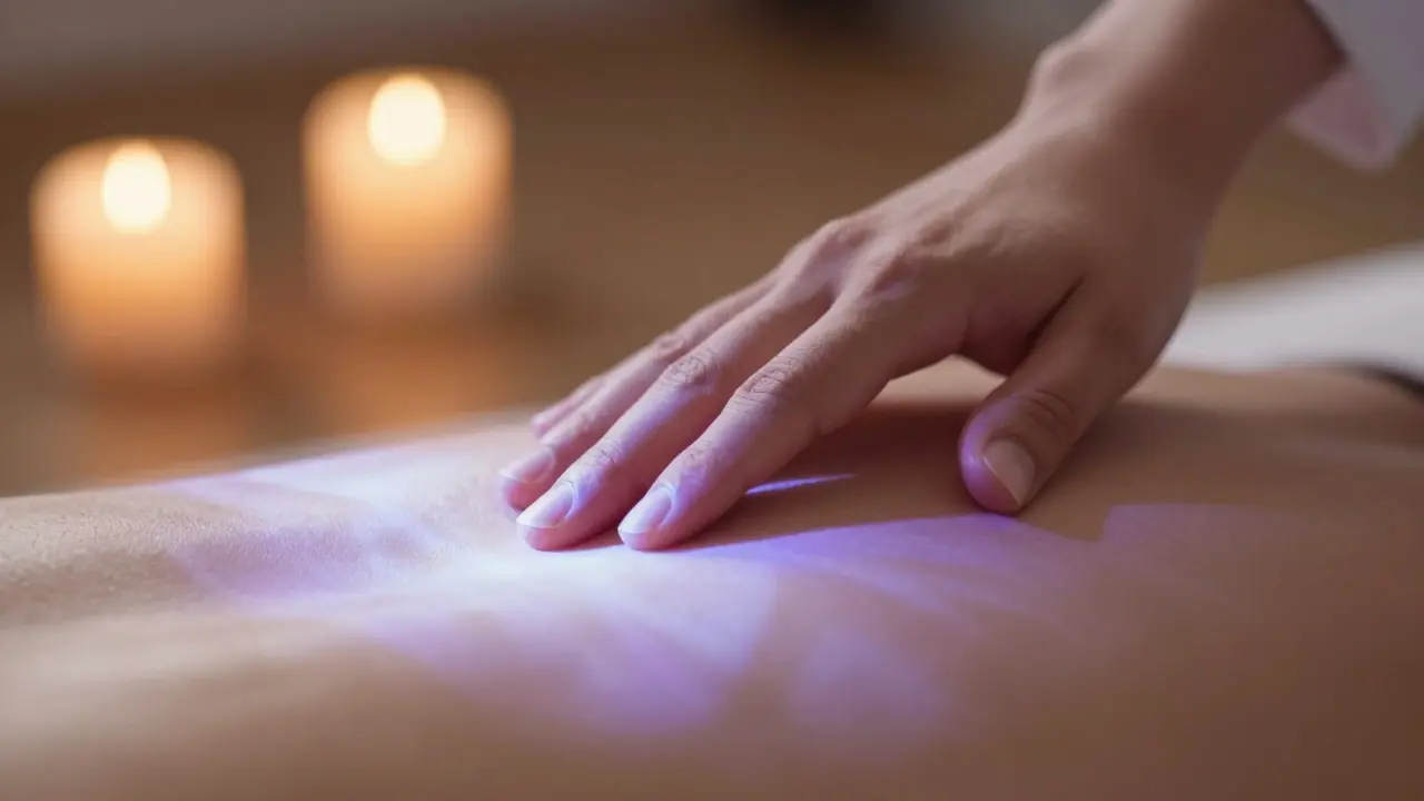 Detail jemného, vědomého doteku ruky na kůži v uklidňujícím prostředí při svíčkách.