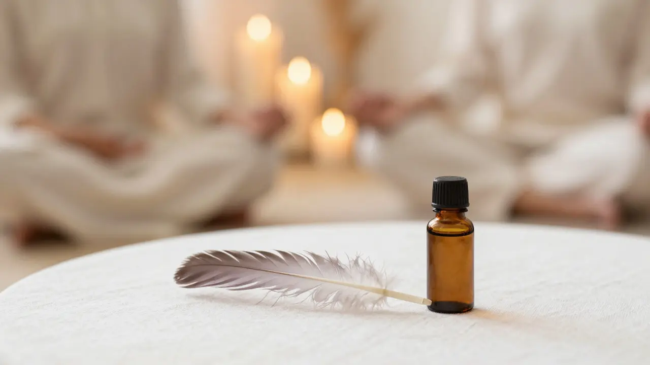 Detail pštrosí peřiny a esenciálního oleje v uklidňujícím, svíčkově osvětleném prostředí.