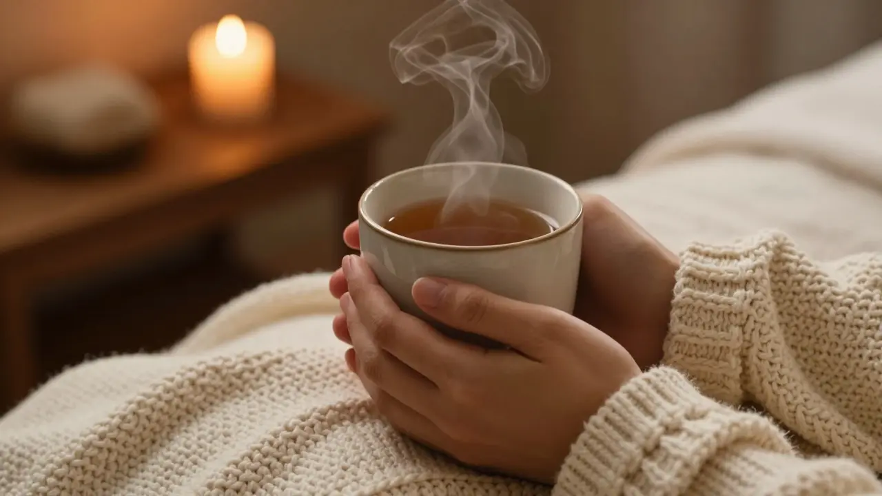 Hřejivý bylinkový čaj a vlněná deka pro relaxaci po masáži.