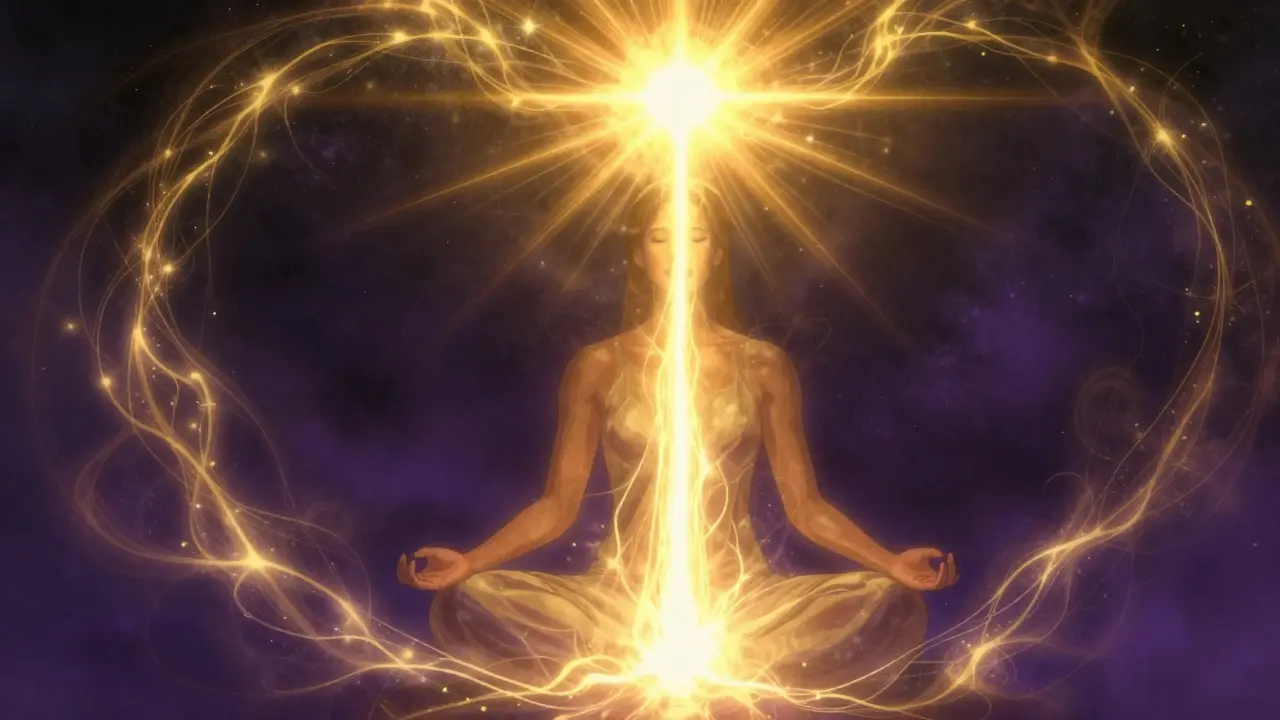 Ilustrace energetického proudu stoupajícího z páteře až do temen hlavy během meditace.