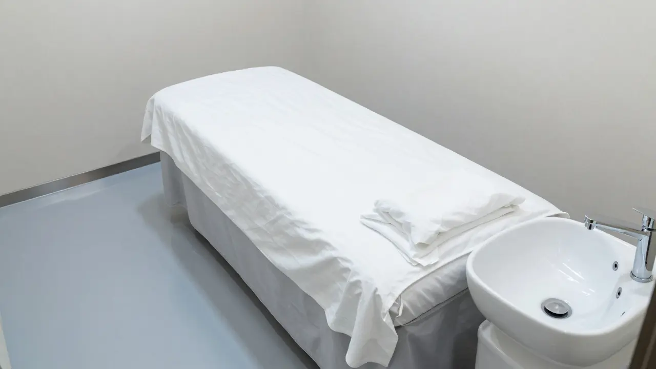 Interiér hygienicky vybavené masážní místnosti s umyvadlem a lůžkem.