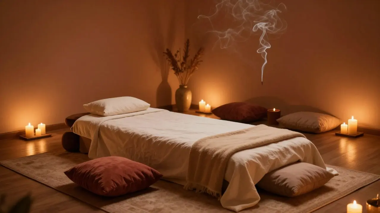 Klidná a hřejivá místnost připravená pro tantrický rituál s dopalujícími svíčemi.