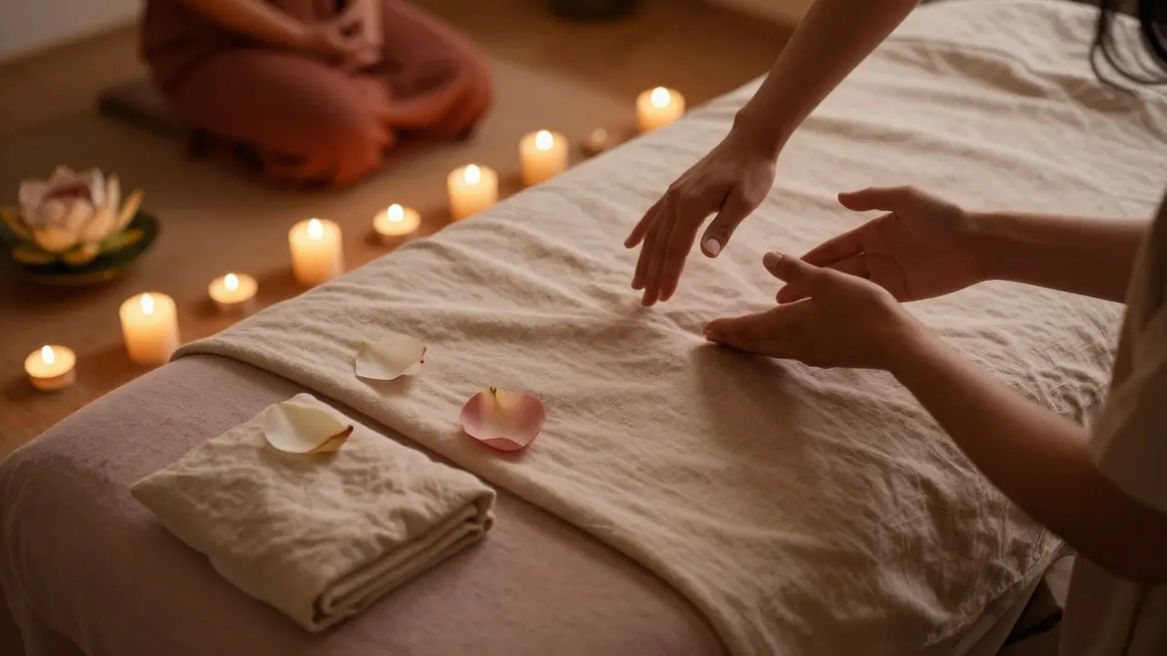 Klidná atmosféra tantrického studia s hořícími svíčemi a lotosovými květy.