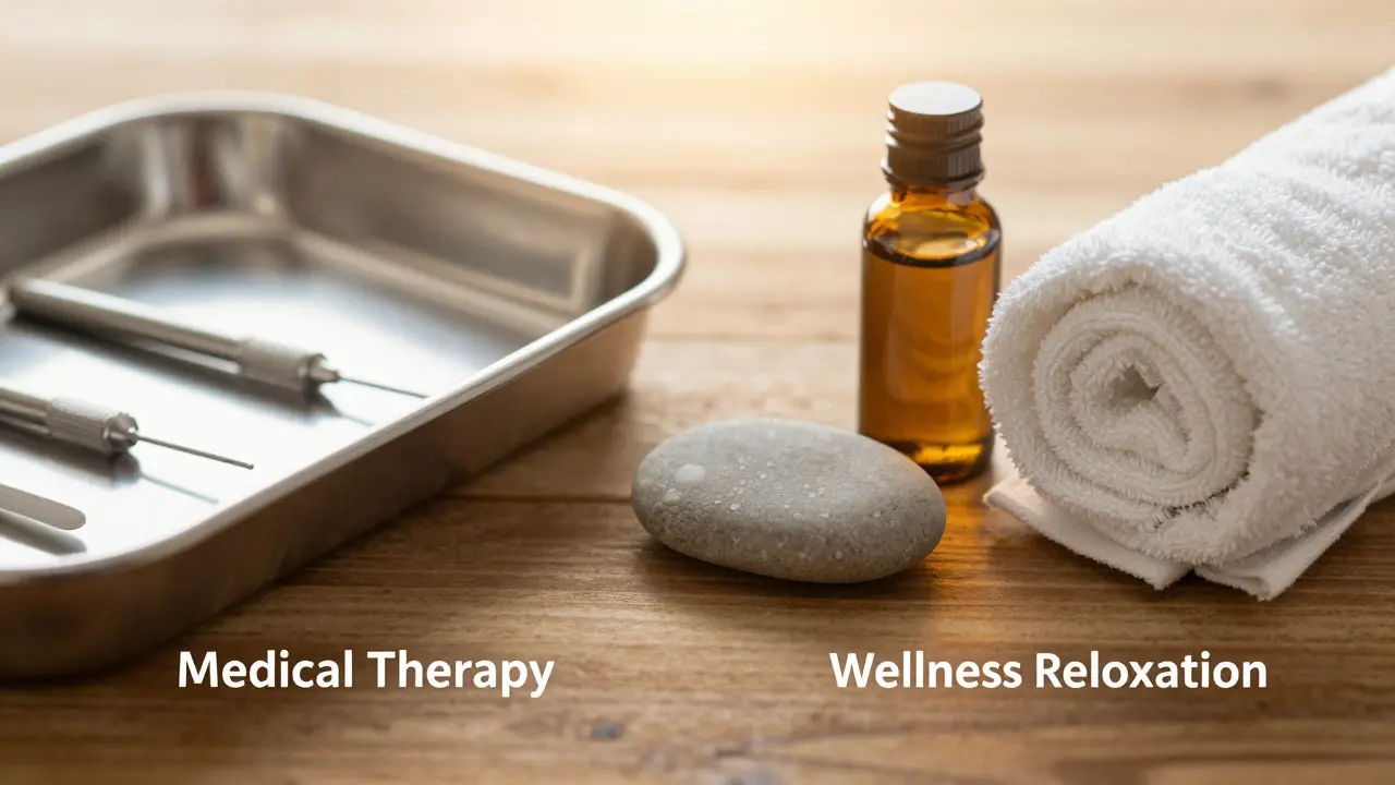 Konceptuální snímek znázorňující rozdíl mezi lékařskou terapií a wellness relaxací.