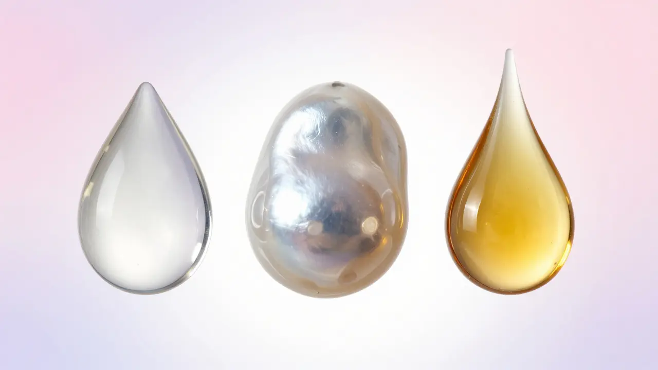 Konceptuální zobrazení tří typů lubrikantů: vodního, silikonového a olejového.