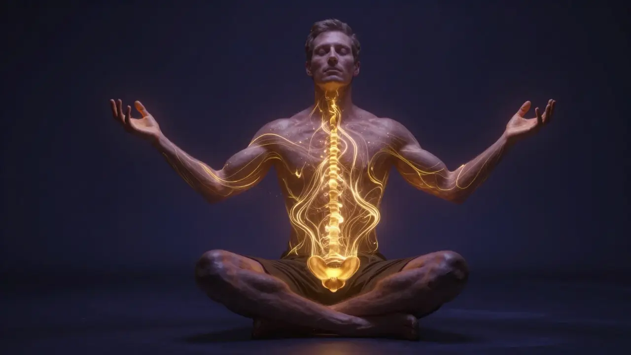 Konceptuální zobrazení zlaté energie proudící celým tělem muže během meditace.