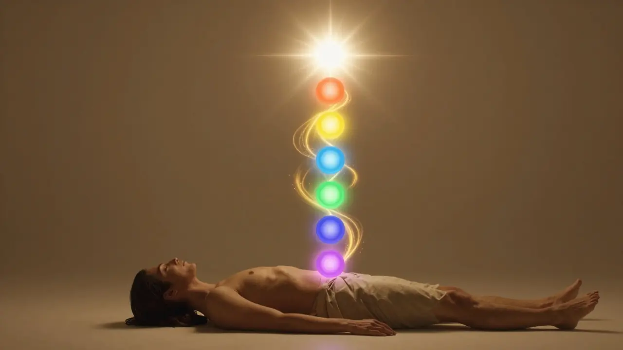 Symbolické znázornění sedmi barevných čakr a stoupající zlaté energie v těle.