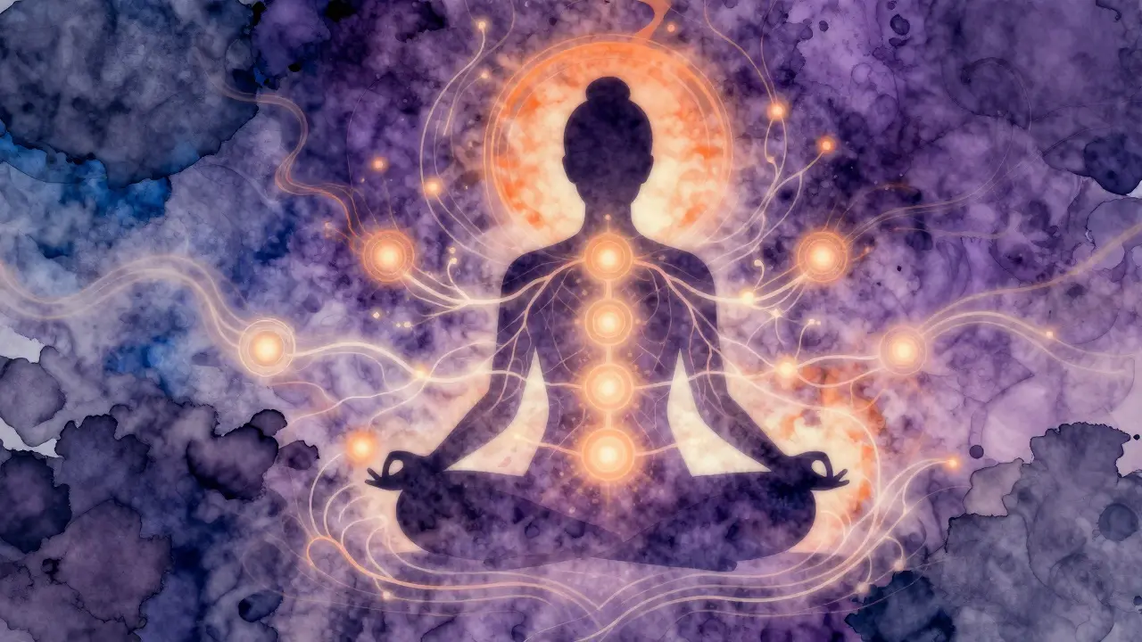 Abstraktní ilustrace energetických drah a čakr při meditaci