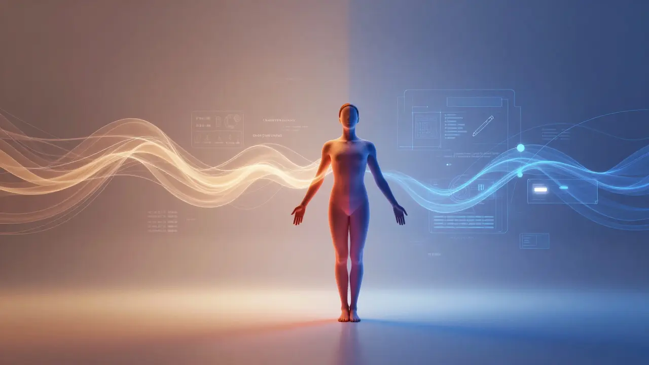 Abstraktní spojení digitální teorie a fyzické praxe v hybridním modelu