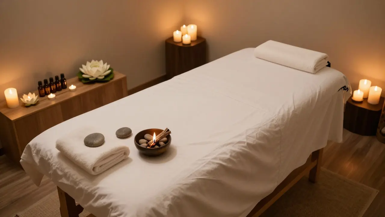 Klidná terapeutická místnost se svíčkami, kamennými misami a lotosy