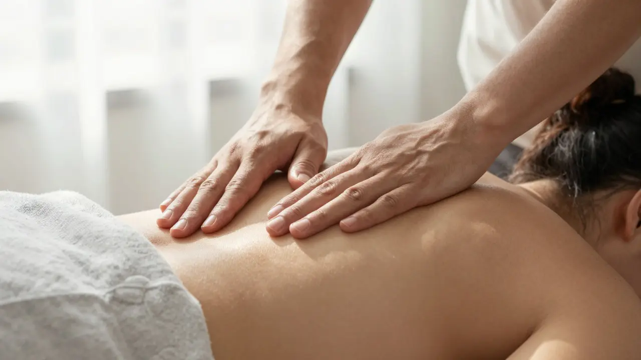 Ruce jemně klidící na ramenou při terapeutické masáži v klidném prostředí