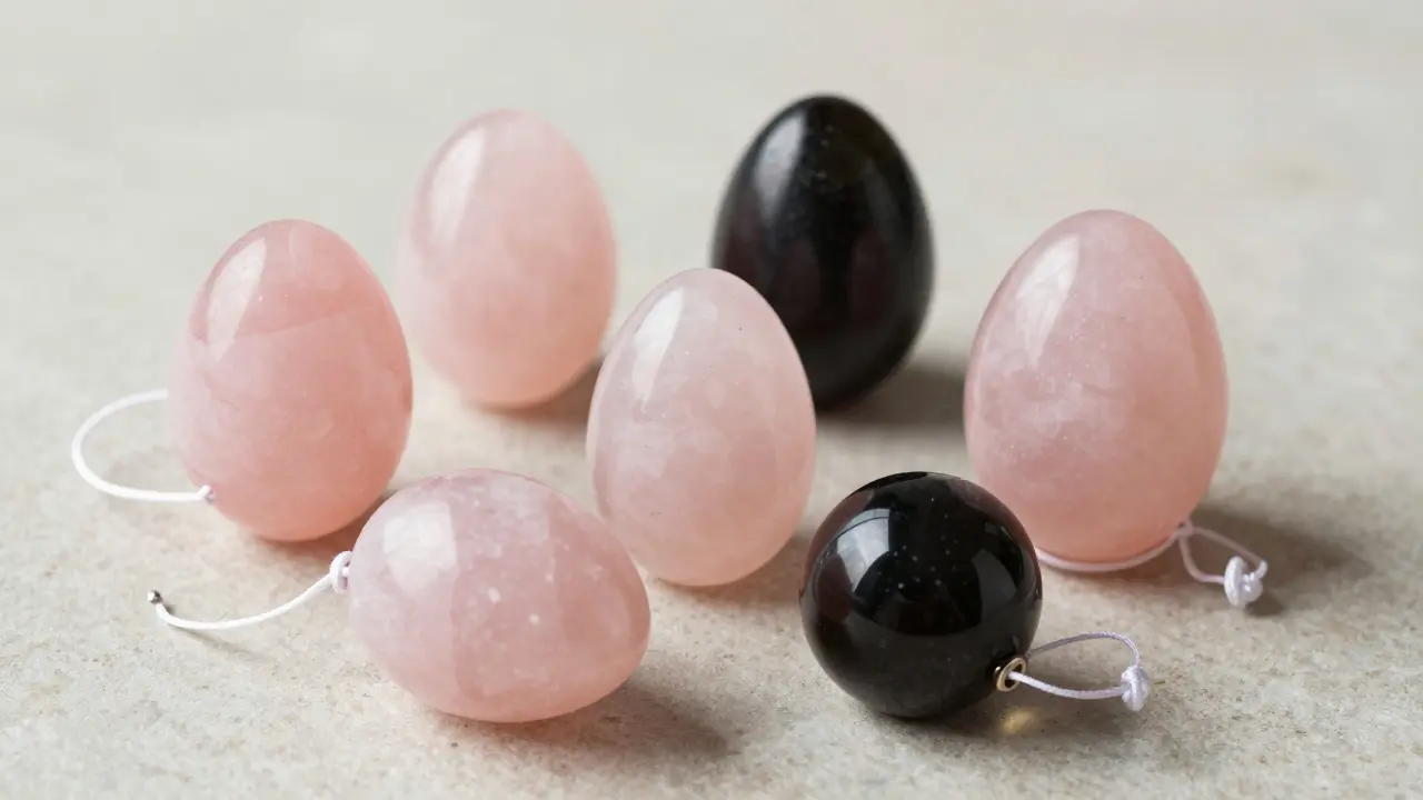 Různé materiály yoni vajíček: kámen, sklo a bezpečné provázky