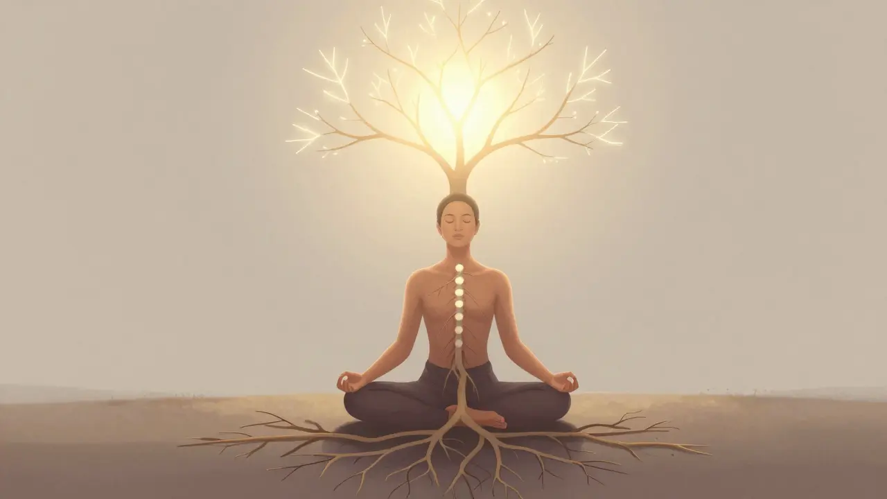 Člověk v meditaci propojený s přírodou, symbolizující bezpečí a rovnováhu
