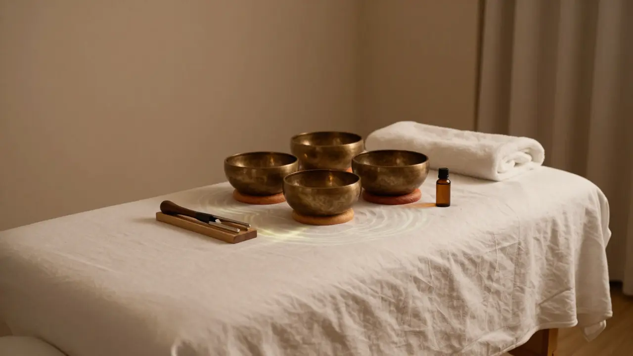 Klidná terapeutická místnost s tibetskými mísami a éterickými oleji