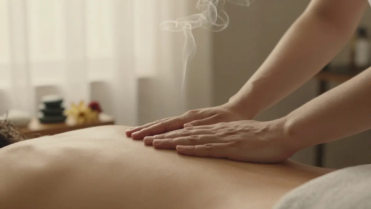 Ruce terapeuta nad zády klienta v klidné atmosféře, symbolizující energii a hranice