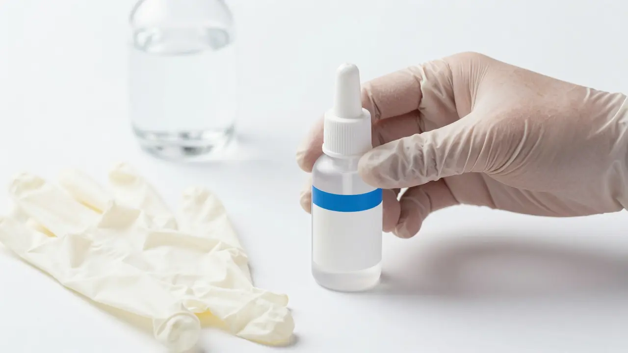 Hygienická příprava: rukavice a lubrikant na bílém podkladě