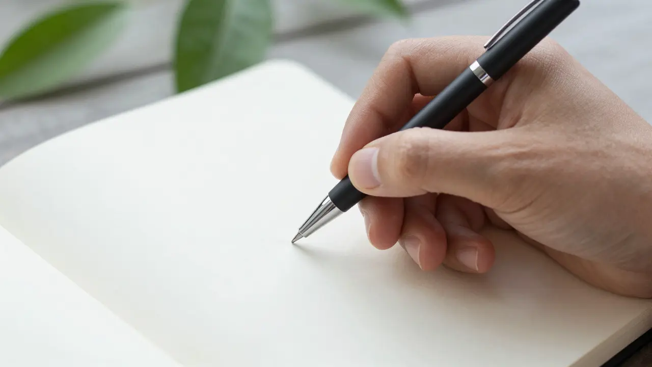 Ruka s perem nad prázdným blokem připravená k psaní