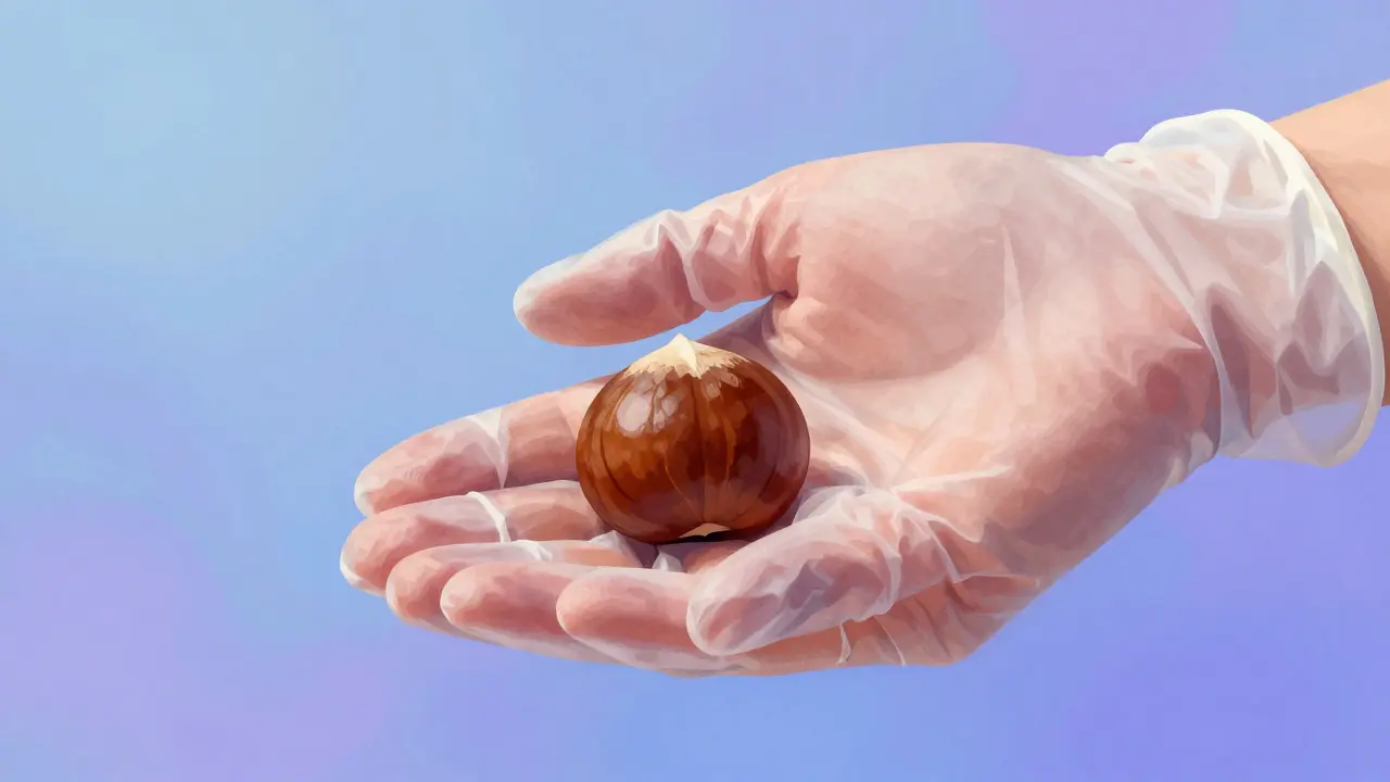 Ilustrace rukou v rukavicích držících symbol prostaty na abstraktním pozadí