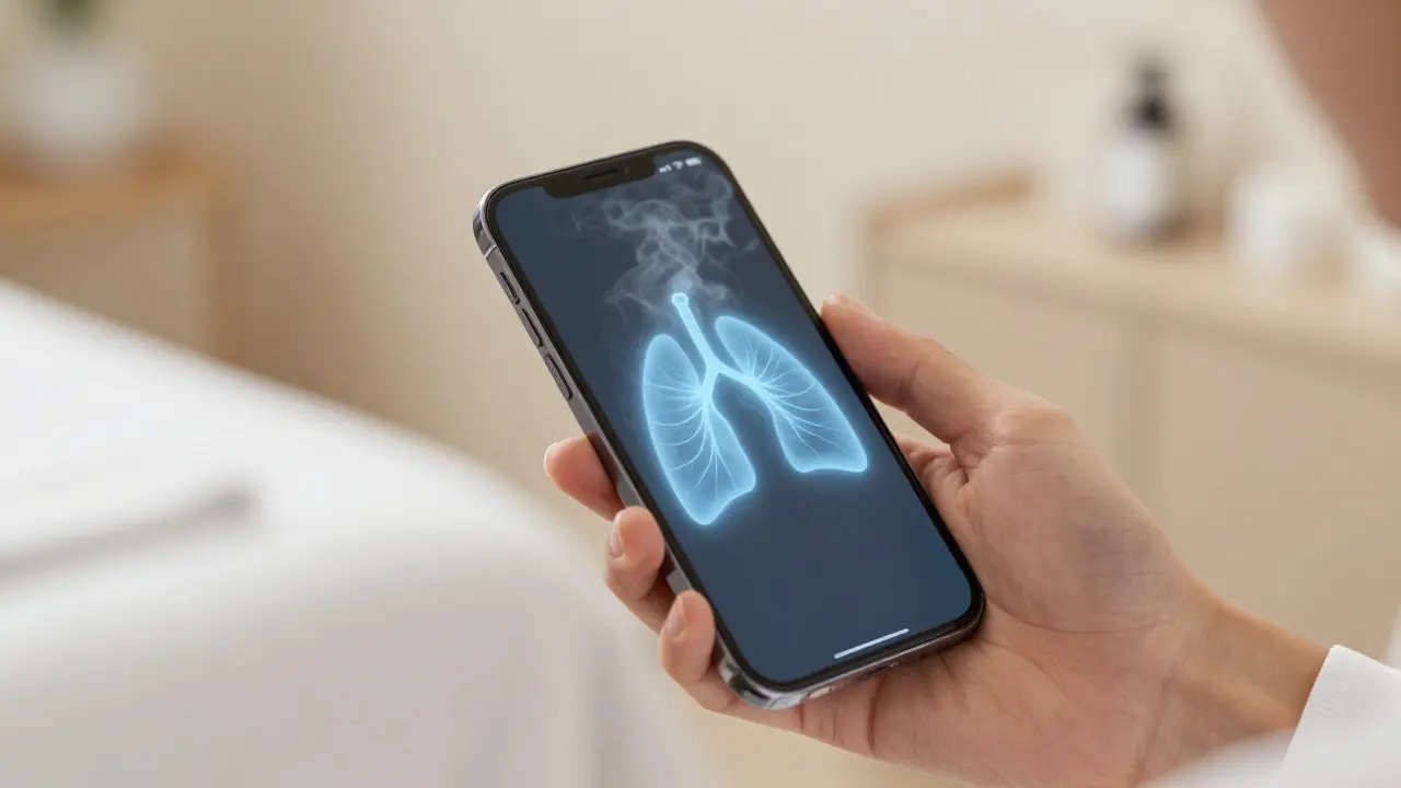 Ručka drží telefon emitující energii, metafora pro jasnost hlasové komunikace v wellness centru