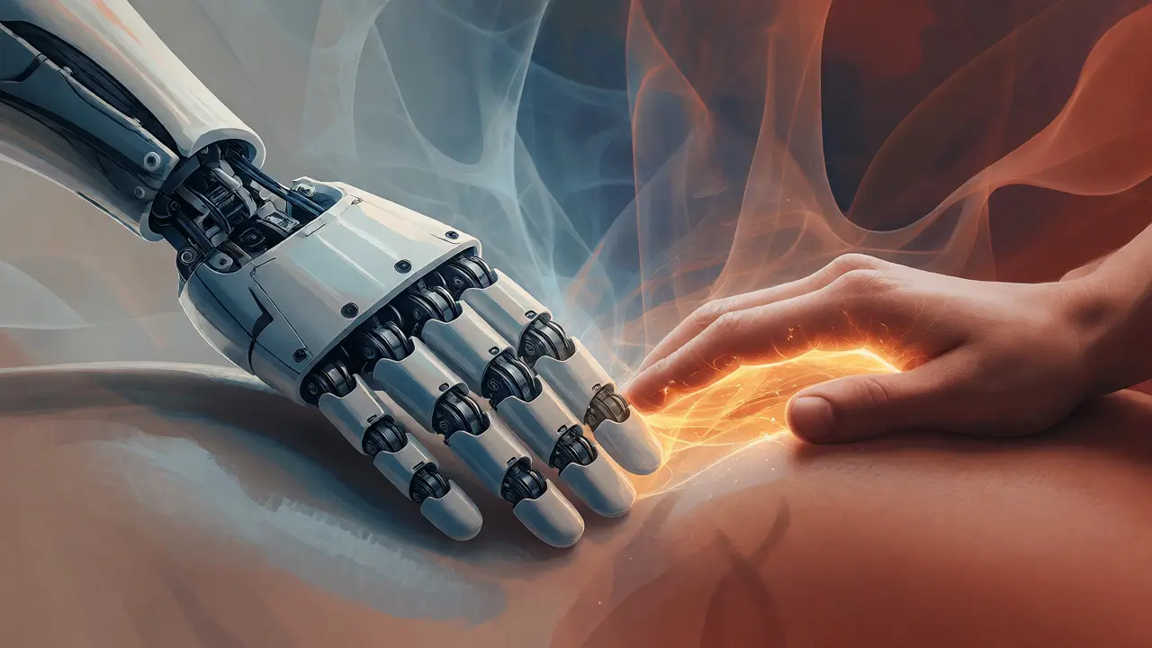 Konceptuální ilustrace kontrastu mezi mechanickým a vědomým dotekem
