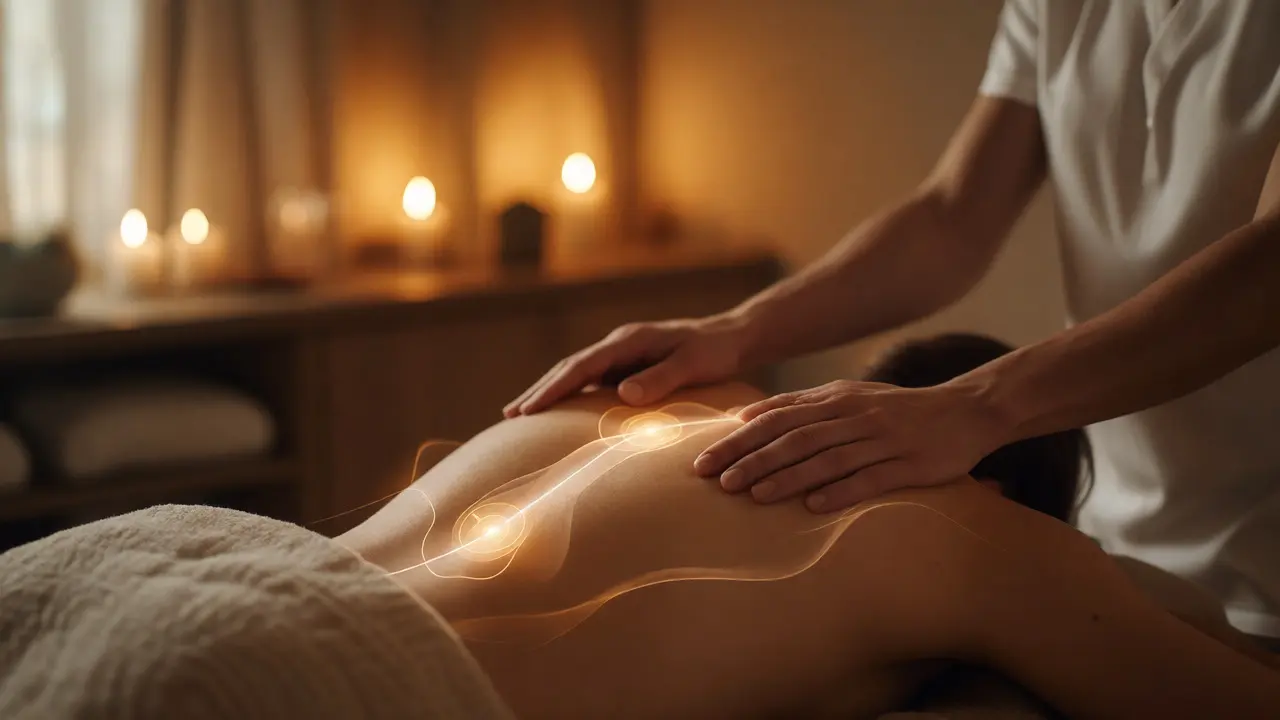 Terapeutické ruce na zádech klienta v tlumeném osvětlení lázní