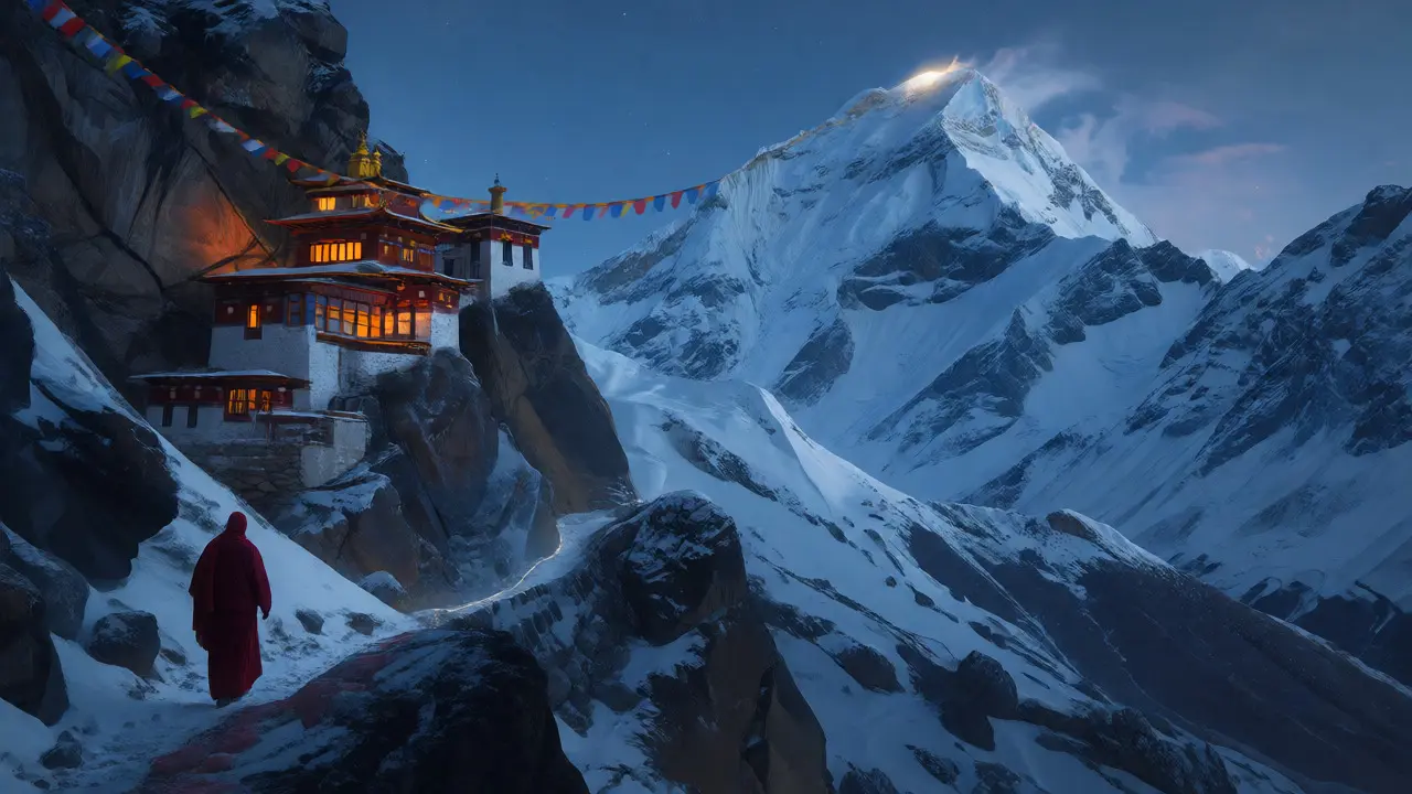 Tibetský klášter na zasněžené hoře za soumraku s putujícím mnichem